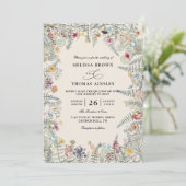 Vintage Wildflowers Fern Budget QR Code Wedding Einladung (Stehend Vorderseite)