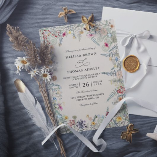 Vintage Wildflowers Fern Budget QR Code Wedding Einladung