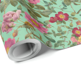 Vintage-Wildrose-Blumen-Geschenkpapier auf Minzgrü Geschenkpapier