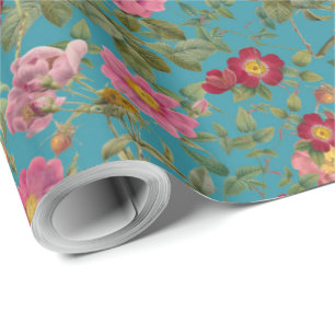 Vintage-Wildrose-Geschenkpapier in Lagunenblau Geschenkpapier