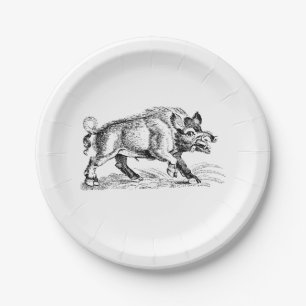 Vintage-Wildschwein-Zeichnung SW #2 Pappteller
