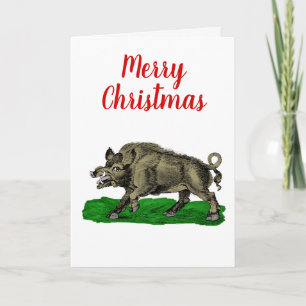 Vintage-Wildschwein-Zeichnung SW #3C Weihnachtskar Feiertagskarte