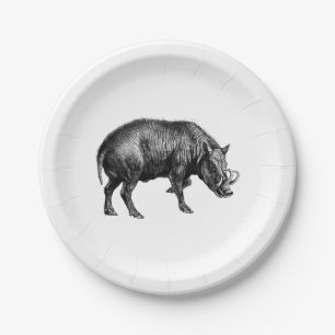 Vintage-Wildschwein-Zeichnung SW Pappteller