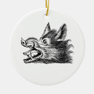 Vintage-Wildschweinkopf-Zeichnung SW Keramik Ornament