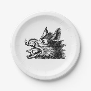 Vintage-Wildschweinkopf-Zeichnung SW Pappteller