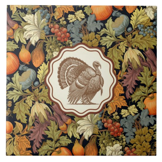 Vintage William Morris Herbstblatt-Kürbis-Truthahn Fliese (Vorderseite)