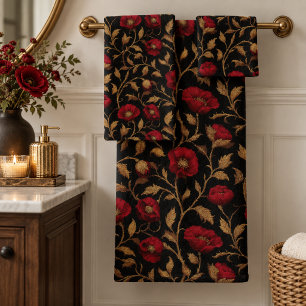 Vintage William Morris Rot Gold Mohn Blumenmuster Badhandtuch Set