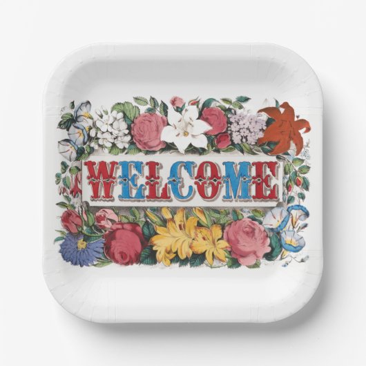 Vintage WILLKOMMEN Blume Hauswärmung Party Pappteller (Vorderseite)