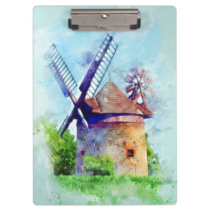 Vintage-Windmühlen-Aquarellmalerei Klemmbrett