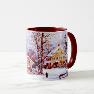 Vintage Winter-Bauernhof-Szene. Tasse
