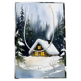 Vintage Winter Cabin Watercolor Christmas Mittlere Geschenktüte