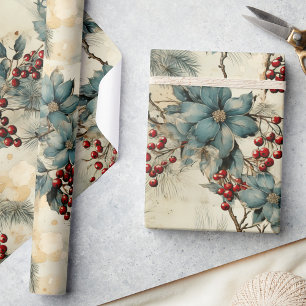 Vintage-Winter-Eleganz, rote Beeren und graue Flor Geschenkpapier