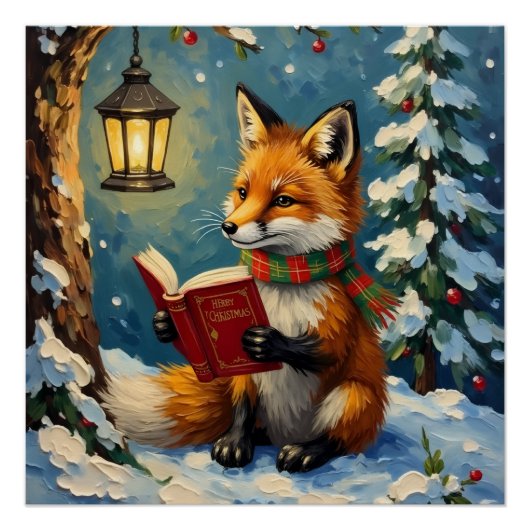 Vintage Winter Fox Reading by Lantern Light Poster (Vorderseite)