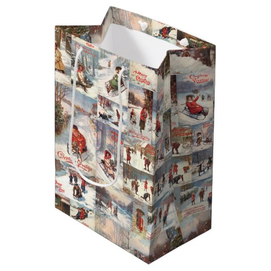 Vintage Winter Fun Christmas Collage Mittlere Geschenktüte (Vorderseite Schrägansicht)