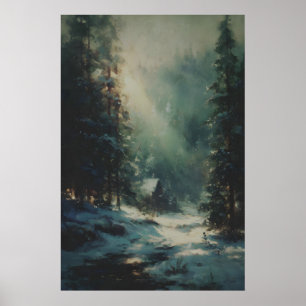 Vintage-Winter-Kieferwald-Druck, rustikaler schnee Poster