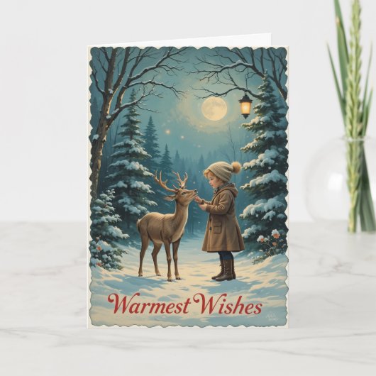 Vintage-Winter-Mädchen-Wald-Friedliche-Wärmste-Wün Karte (Vorderseite)