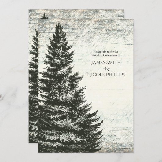 Vintage Winter Pine Tree Rustic Wood Wedding Einladung (Vorne/Hinten)