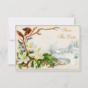 Vintage Winter-Schnee-Kirche & Lilien zur Hochzeit Save The Date