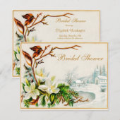 Vintage Winter-Schnee-Kirche u. Lilien-Brautparty Einladung (Vorne/Hinten)