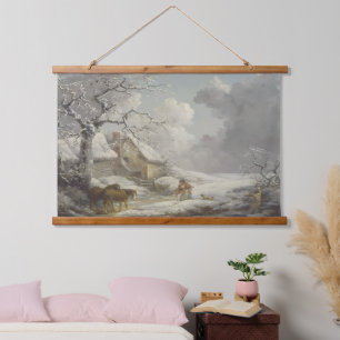 Vintage-Winter-Schnee-Repro-Landschaft Wandteppich Mit Holzrahmen