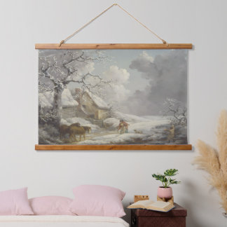 Vintage-Winter-Schnee-Repro-Landschaft Wandteppich Mit Holzrahmen