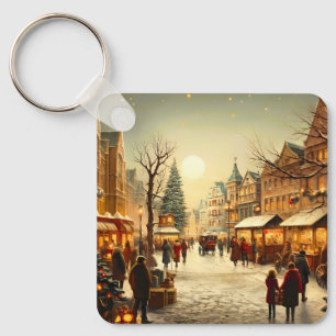 Vintage Winter Schnee Weihnachtsmarkt Stadt Schlüsselanhänger
