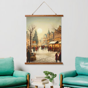 Vintage Winter Schnee Weihnachtsmarkt Stadt Wandteppich Mit Holzrahmen