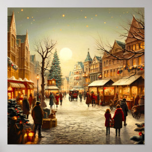 Vintage Winter-Schneemarkt in einer Stadt Poster