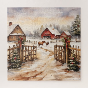Vintage Winter-Weihnachtsbauernhofszene mit Pferde Puzzle