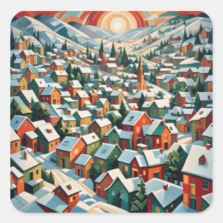 vintage Winterdorf unter dem Schnee Quadratischer Aufkleber