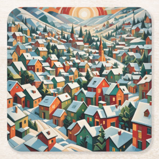 vintage Winterdorf unter dem Schnee Rechteckiger Pappuntersetzer