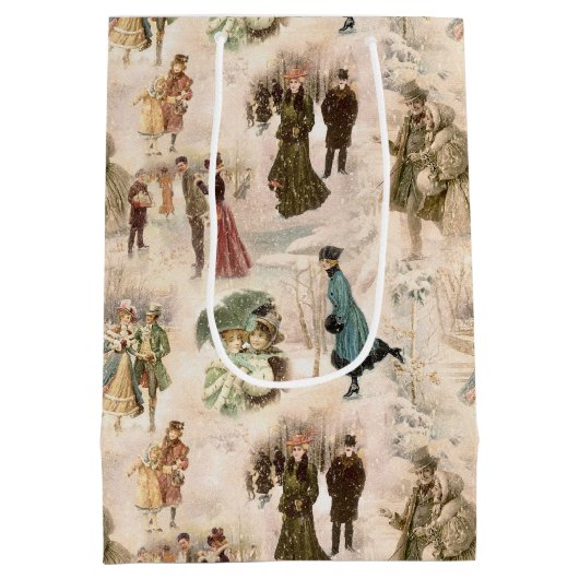 Vintage Winterfreudenszenen Mittlere Geschenktüte (Rückseite)