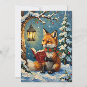 Vintage Winterfuchs beim Lesen im Laternenlicht Feiertagskarte