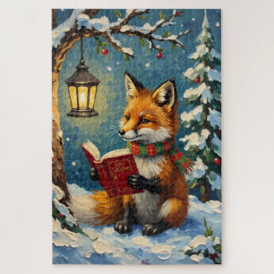 Vintage Winterfuchs beim Lesen im Laternenlicht Puzzle