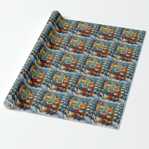 Vintage Winterfuchs liest beim Laternenlicht Geschenkpapier
