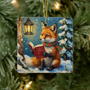 Vintage Winterfuchs liest beim Laternenlicht Keramikornament