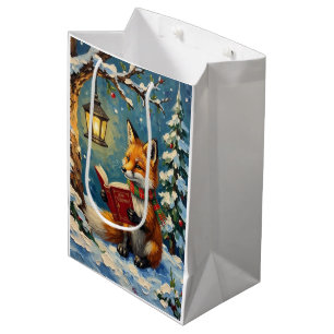 Vintage Winterfuchs liest beim Laternenlicht Mittlere Geschenktüte