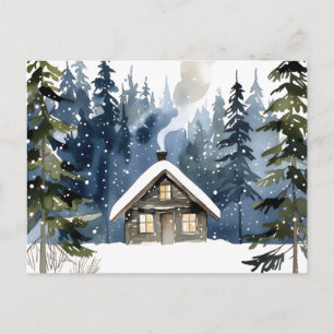 Vintage Winterhütte Wasserfarben Weihnachten Postkarte