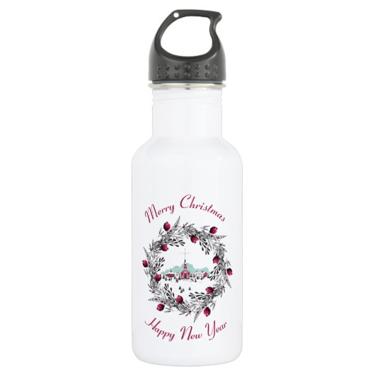 Vintage Winterkirchenszene mit Weihnachtskranz Edelstahlflasche (Vorderseite)