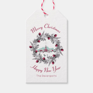 Vintage Winterkirchenszene mit Weihnachtskranz Geschenkanhänger