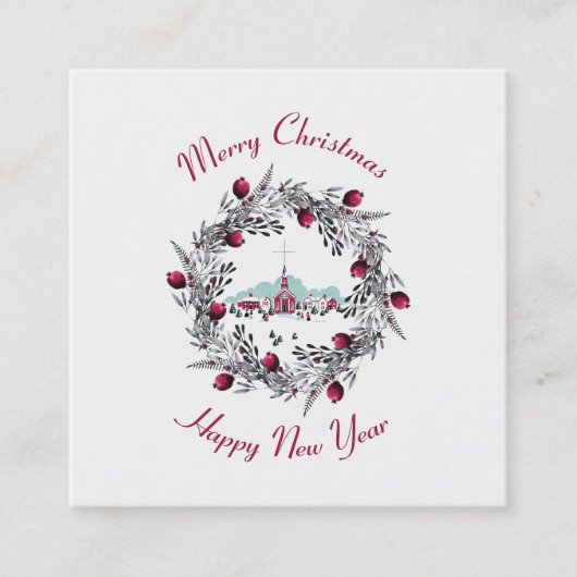 Vintage Winterkirchenszene mit Weihnachtskranz Quadratische Visitenkarte (Vorderseite)