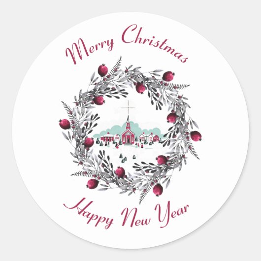 Vintage Winterkirchenszene mit Weihnachtskranz Runder Aufkleber (Vorderseite)