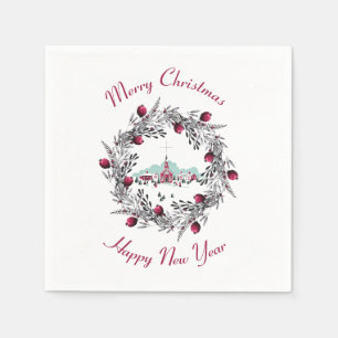 Vintage Winterkirchenszene mit Weihnachtskranz Serviette