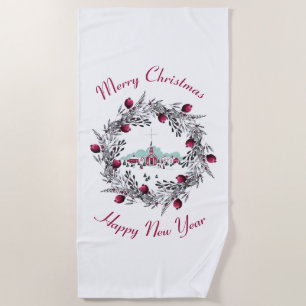 Vintage Winterkirchenszene mit Weihnachtskranz Strandtuch