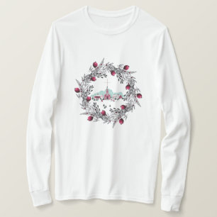 Vintage Winterkirchenszene mit Weihnachtskranz T-Shirt