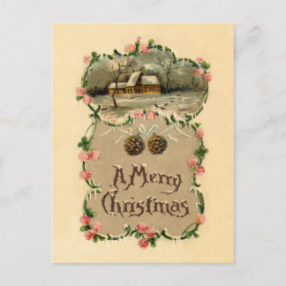 Vintage Winterlandschaft mit Blumenrahmen Postkarte