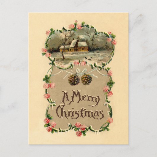 Vintage Winterlandschaft mit Blumenrahmen Postkarte (Vorderseite)