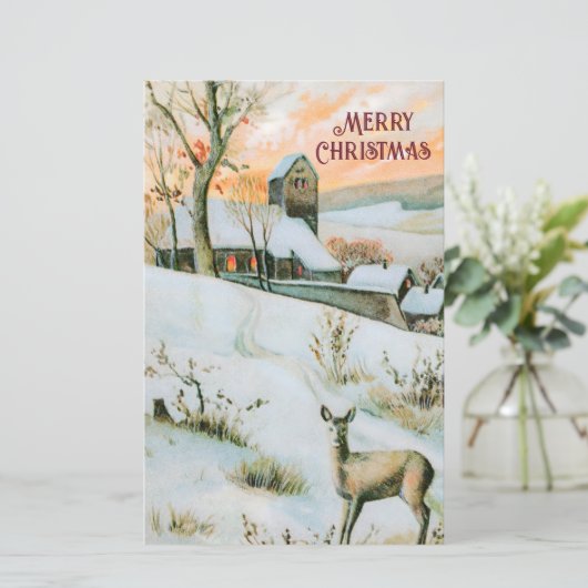 Vintage Winterlandschaft mit Hirschweihnachtskarte (Stehend Vorderseite)