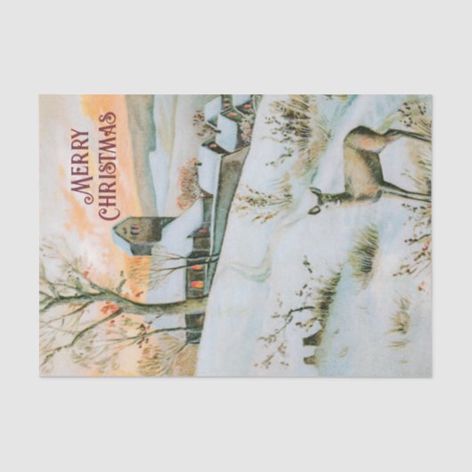 Vintage Winterlandschaft mit Hirschweihnachtskarte Seidenpapier (Vorderseite)