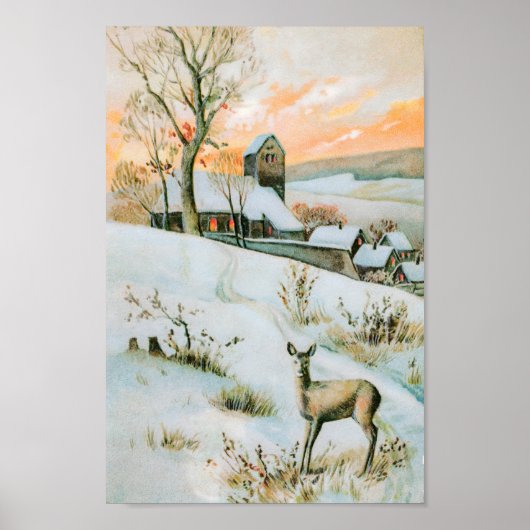 Vintage Winterlandschaft mit Reh Poster (Vorne)